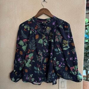 Maeve Black Botanical Button-Down Blouse with Multicolor Floral Print